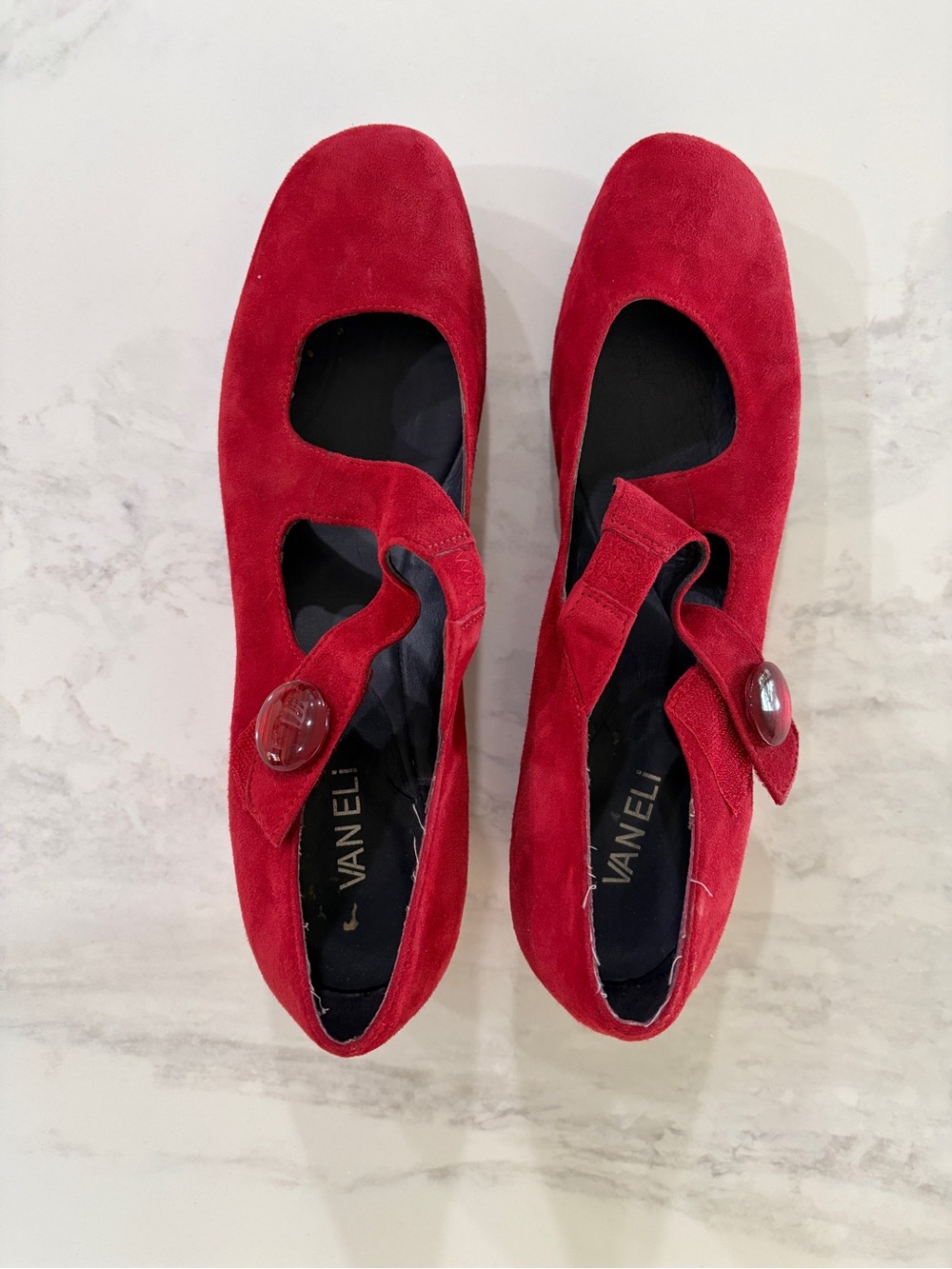 Vaneli Red Suede Mary Jane Flats with Button Strap
